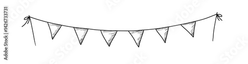 A modern festive flag garland incorporates a hand-drawn element of a celebration party, characterized by a simple flat retro bunting style