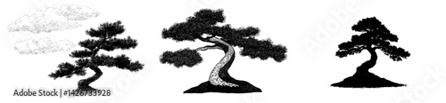 Stylized black and white vector illustrations of bonsai trees and clouds in diverse artistic styles