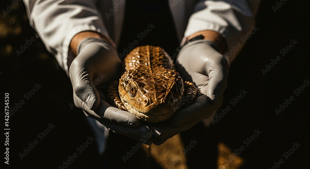 Person in lab coat holding armadillo girdled lizard carefully in hands Person in lab coat holding armadillo girdled lizard carefully in hands
