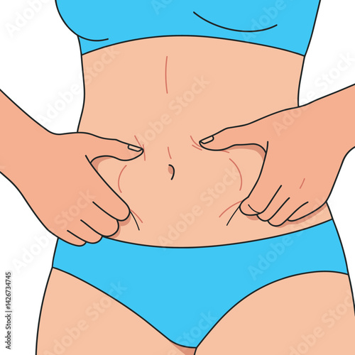 Woman, Reflective Mood, Pinching Belly Fat, Bright Background