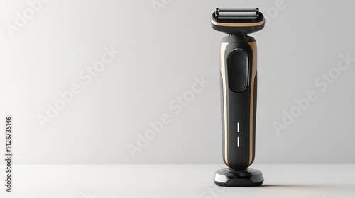 An electric shaver with charging stand isolated on a pure white background, realistic lighting and shadow, ideal for cut-out and compositing