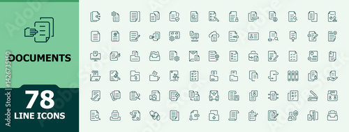 Documents icon set. Contain linear sign note, file, paper, folio, form, copy and more. Note line icon set. Minimalist outline icons collection. Editable vector.
