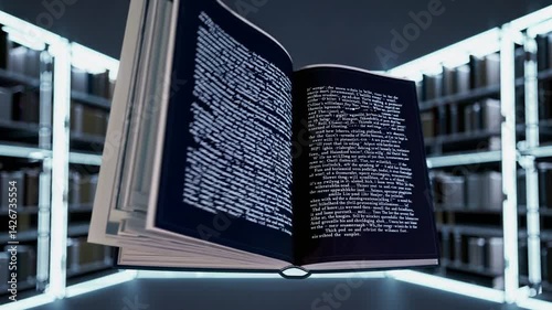 An Open Book Levitates in a Futuristic Library Setting