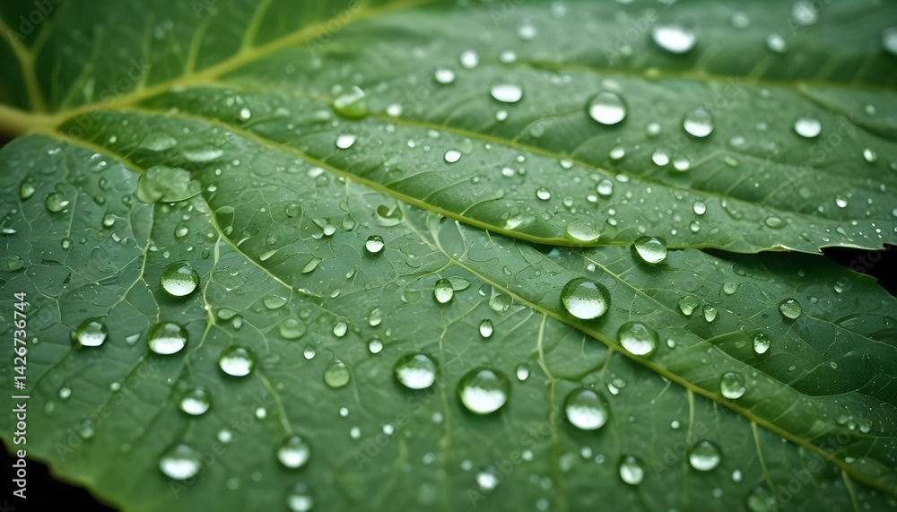 Close-up view of a green leaf with water droplets on its textured surface, glistening. Close-up view of a green leaf with water droplets on its textured surface, glistening.