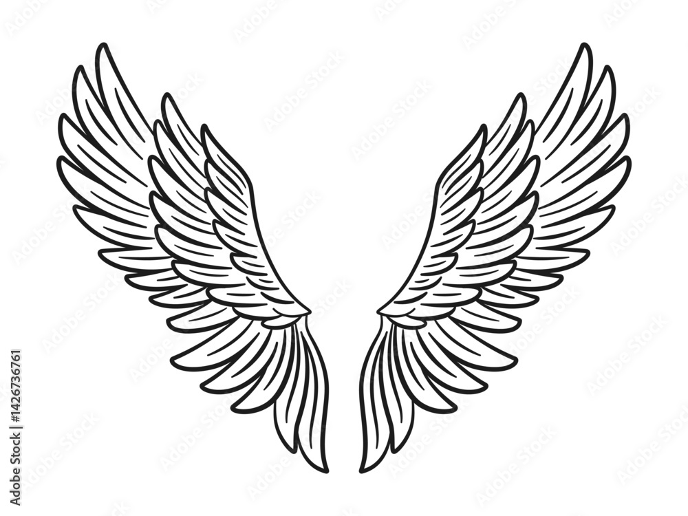 Obraz premium Angel Wings. Wings for t-shirt, holiday backdrop, logo, greeting, invitation cards, coloring page, engraving, laser cutting, tattoo. Flat vector illustration