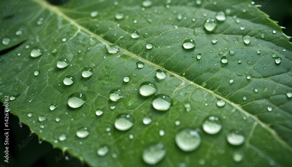 Close-up image of a green leaf with several glistening water droplets on its surface. Close-up image of a green leaf with several glistening water droplets on its surface.