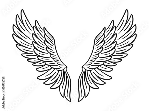 Angel Wings. Wings for t-shirt, holiday backdrop, logo, greeting, invitation cards, coloring page, engraving, laser cutting, tattoo. Flat vector illustration
