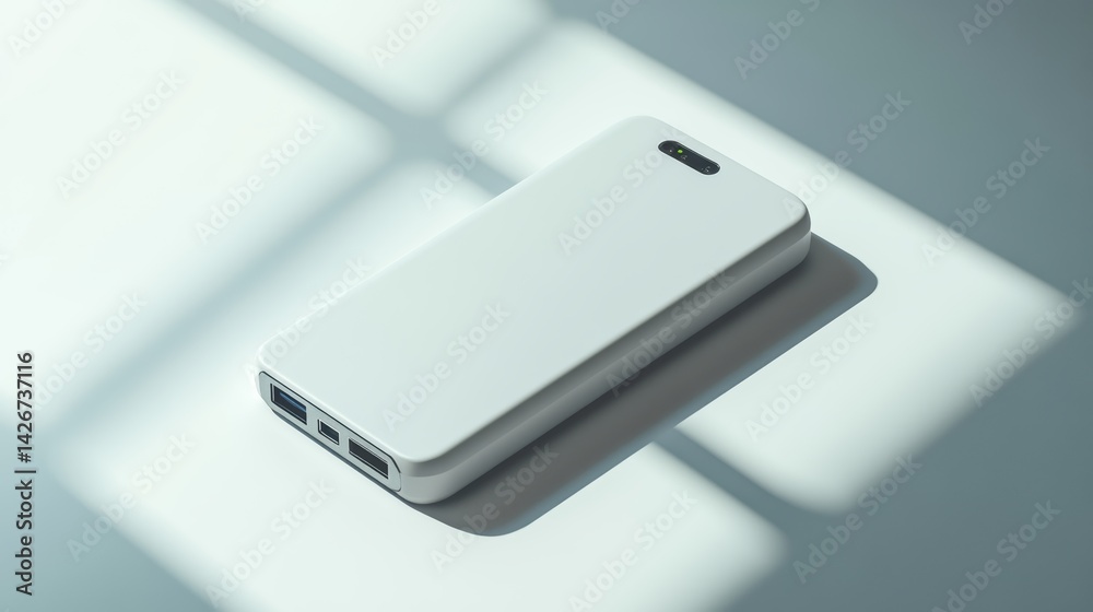 Fototapeta premium A portable power bank charger isolated on a pure white background, realistic lighting and shadow, ideal for cut-out and compositing