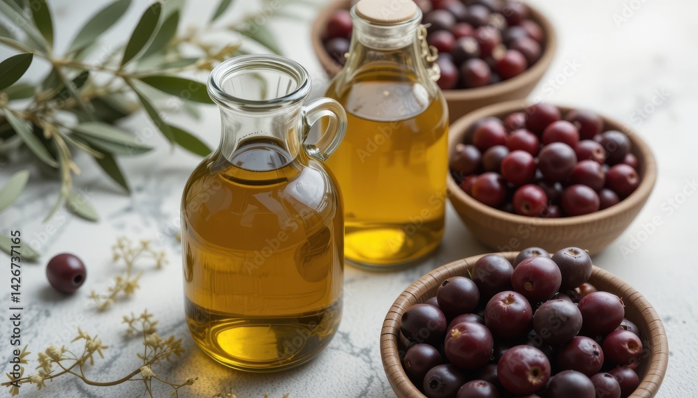 Olive Oil in Glass Bottles with Fresh Olives in Bowls Olive Oil in Glass Bottles with Fresh Olives in Bowls