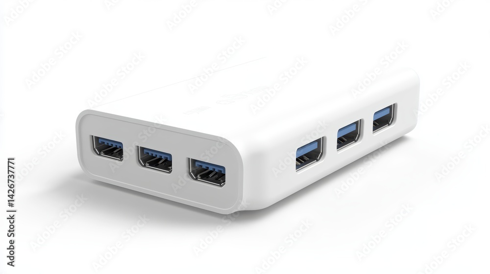 A USB power adapter with multiple ports isolated on a pure white background, realistic lighting and shadow, ideal for cut-out and compositing A USB power adapter with multiple ports isolated on a pure white background, realistic lighting and shadow, ideal for cut-out and compositing