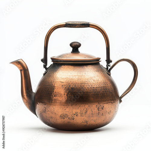 Vintage copper kettle teapot isolated on white background.
