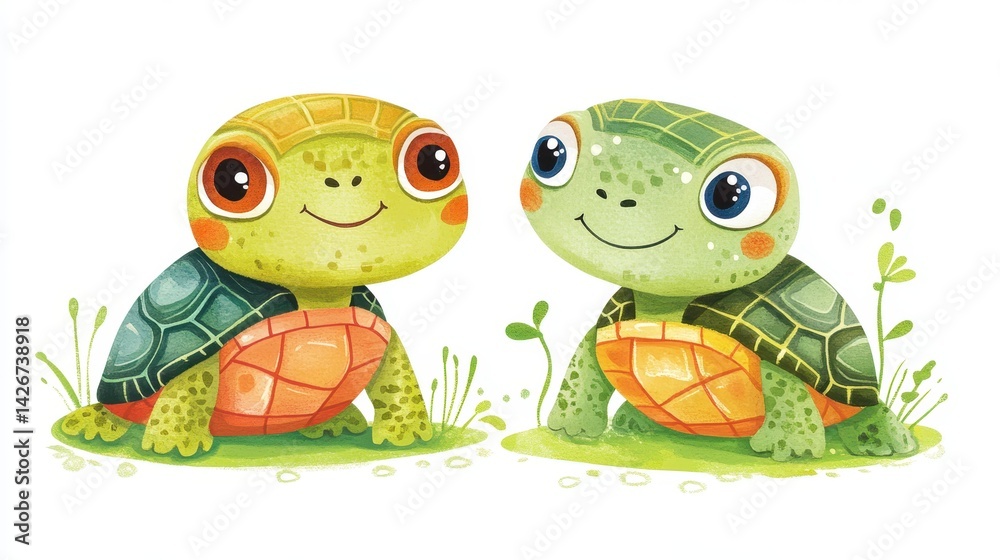 Fototapeta premium A charming print illustration featuring two cute, colorful baby turtles.