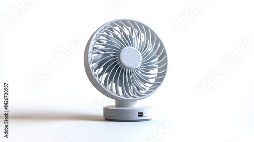 A mini electric fan with USB charging isolated on a pure white background, realistic lighting and shadow, ideal for cut-out and compositing
