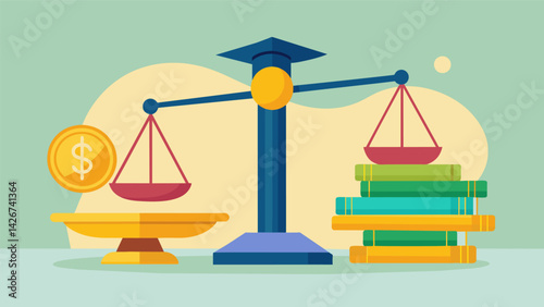 A scale with a diploma on one side and a pile of coins on the other symbolizing the tradeoff between education and financial stability for many. Vector illustration