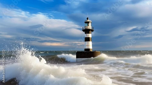 Lighthouse standing by the sea with waves and sky in the background