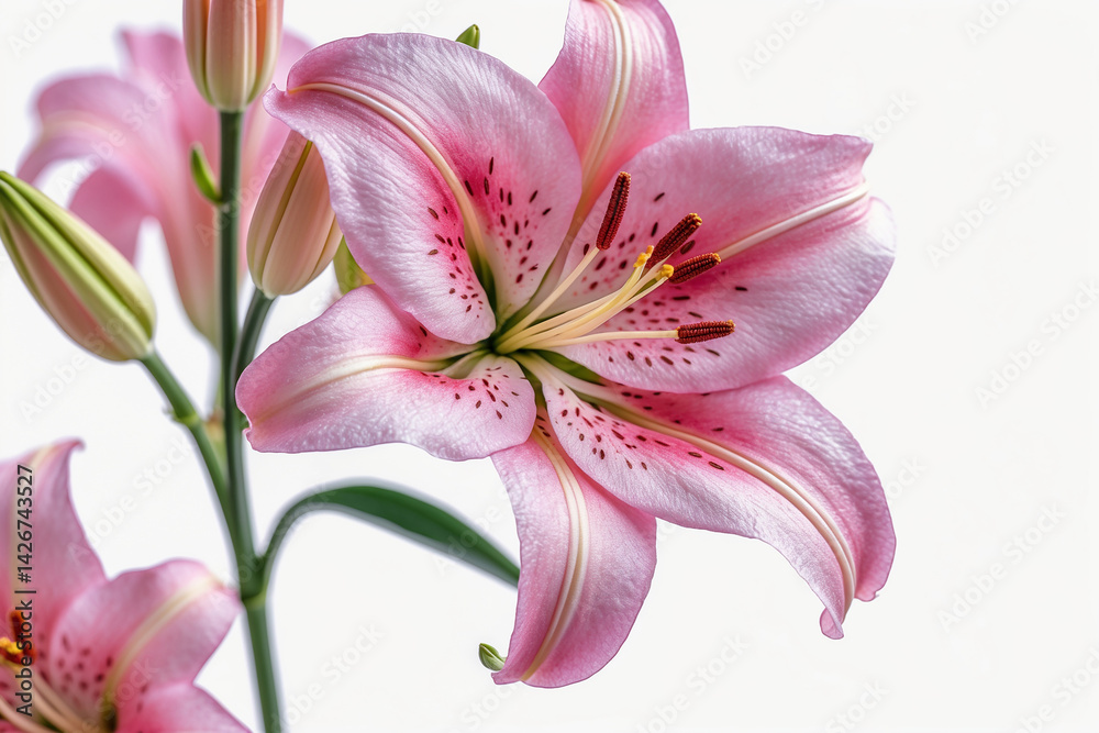 Fototapeta premium A delicate pink lily, its petals speckled with crimson, unfolds in graceful beauty against a bright white backdrop, showcasing nature's elegance.