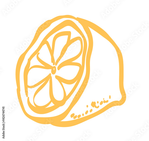 Lemon slice or half line icon vector illustration. Hand drawn outline citrus with peel in yellow color. Amalfi or Sicily emblem of ripe lemon drawing in ink doodle style. Isolated design element.