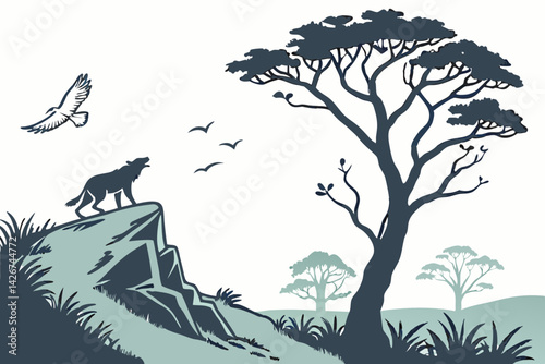 African landscape vector illustration with wolf eagle and trees in silhouette