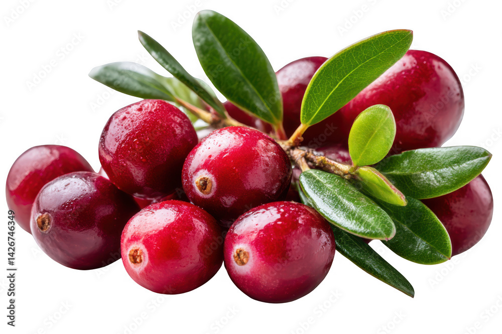 Obraz premium Pile of fresh cranberries with leaves on transparent background