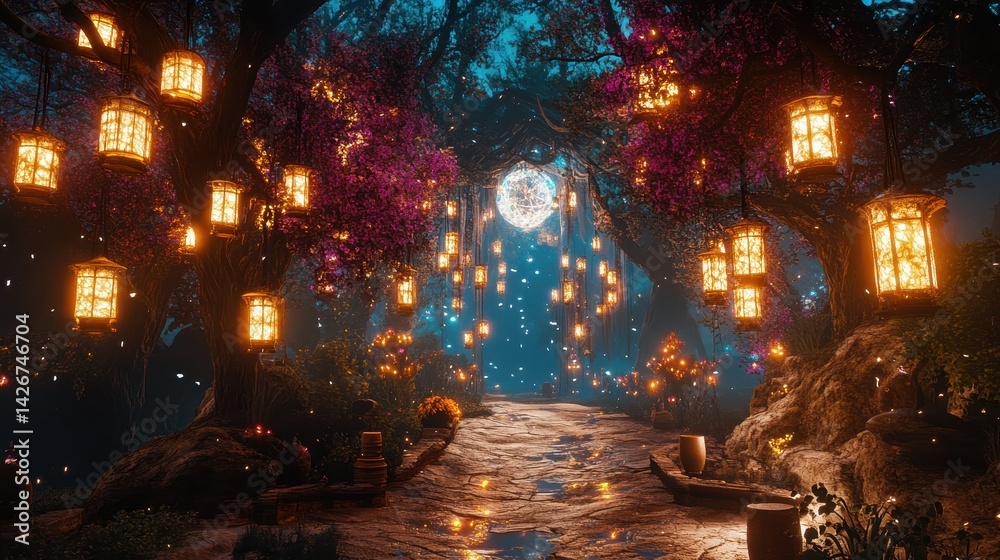 Obraz premium Enchanted forest path illuminated by hanging lanterns and moonlight. Magical, dreamy landscape with trees and flowers.