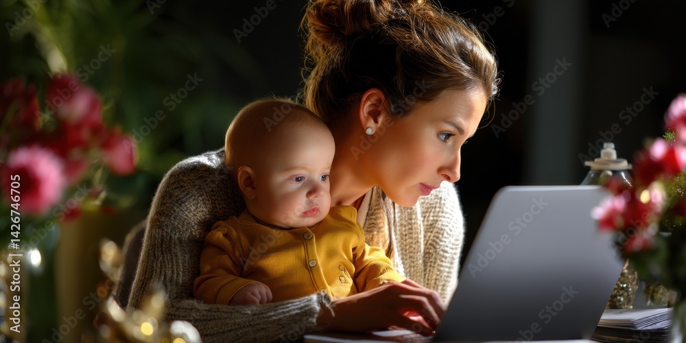 Focused Mother Working on Laptop While Holding Baby