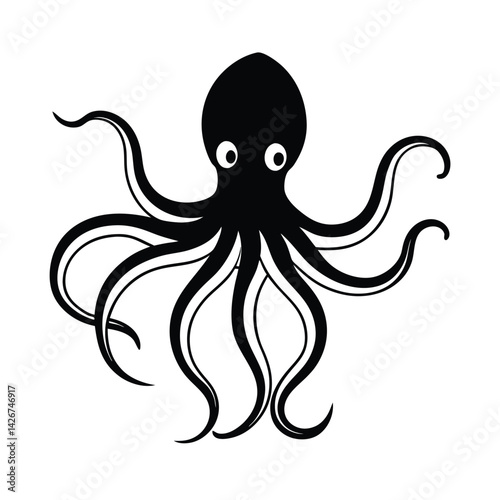 Black octopus silhouette with intricate tentacles isolated on white background underwater sea animal