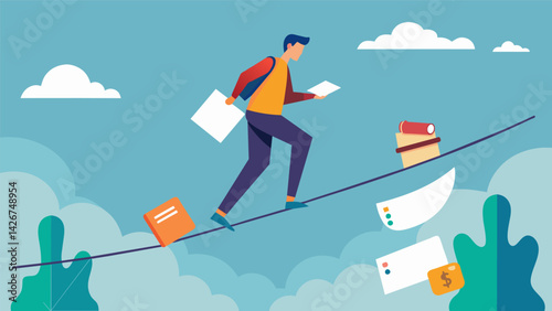 A person walking on a tightrope with a few loan notes threatening to knock them off balance but a few scholarship checks acting as counterweights. Vector illustration