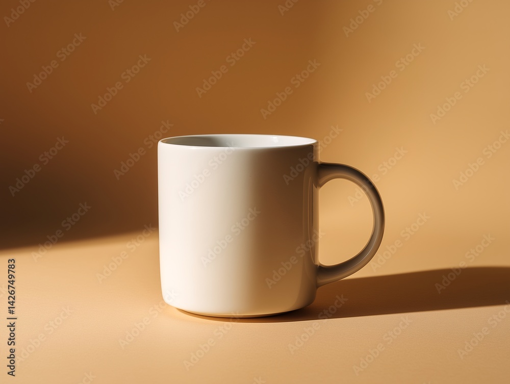Ceramic mug on neutral surface with strong shadows and warm lighting. Ceramic mug on neutral surface with strong shadows and warm lighting.