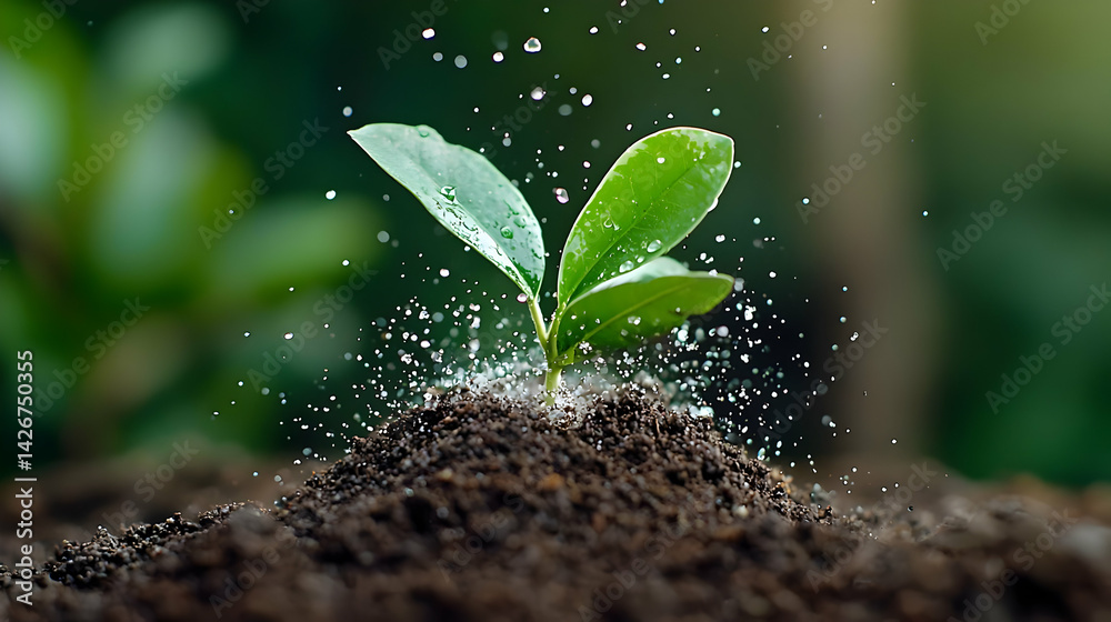 Young Sprout Growing In Soil With Water Droplets Young Sprout Growing In Soil With Water Droplets