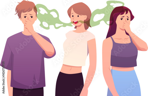 Woman bed smell breathing, people cover nose with hand, smelly mouth health oral care problems vector flat illustration