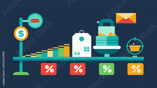 A conveyor belt with different items moving along symbolizing the varying income levels of individuals and the percentage of their income used for. Vector illustration