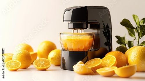 A high-end juice extractor with citrus press isolated on a pure white background, realistic lighting and shadow, ideal for cut-out and compositing