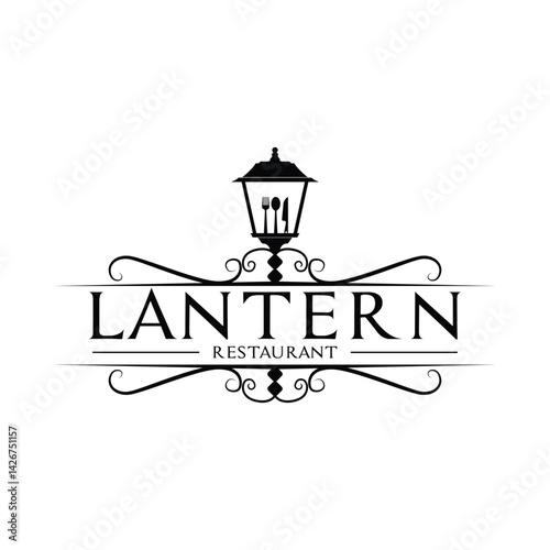 lantern post restaurant logo design concept vintage style classic with street lamp and spoon, fork, knife