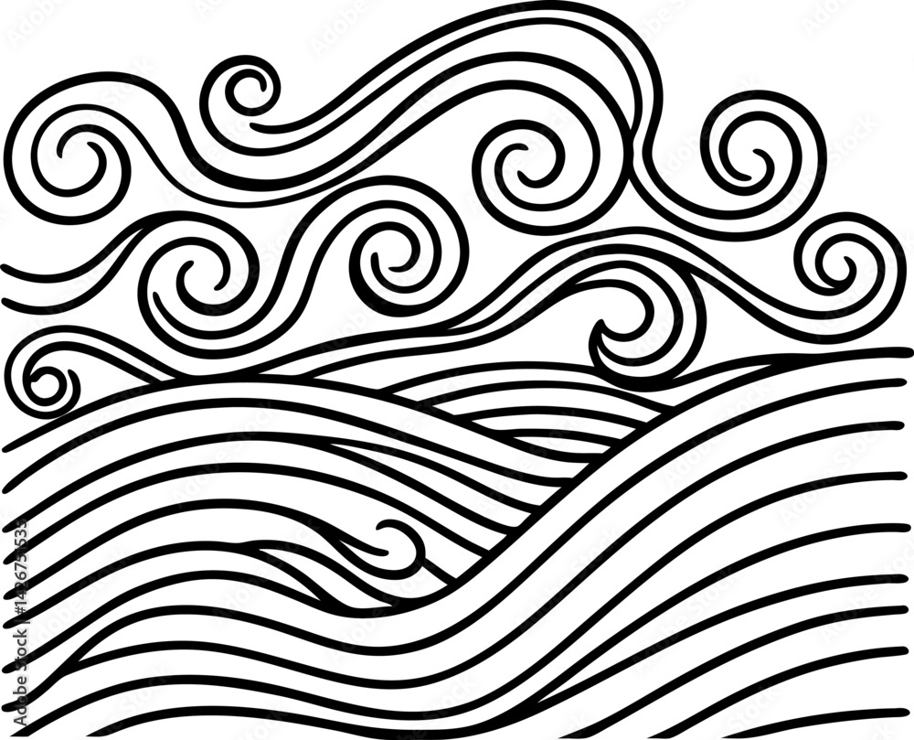 Abstract waves and swirls pattern black lines on white oceanic, artistic flow, creative design Abstract waves and swirls pattern black lines on white oceanic, artistic flow, creative design