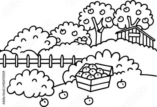 Orchard with apple basket and farm scenery trees, nature, rural harvest, countryside landscape
