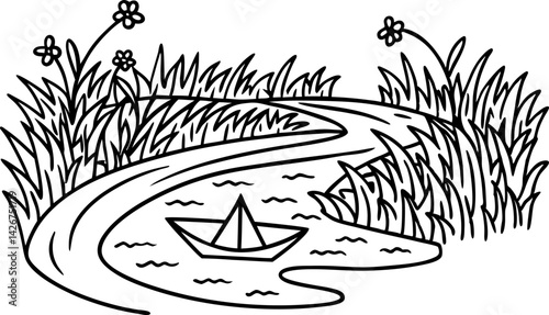 Paper boat in tranquil river with blossoming flowers and lush grass