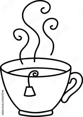simple black line drawing of a tea cup with steam swirls and a tea bag tag