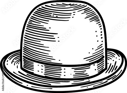 vintage bowler hat illustration with classic black and white line art