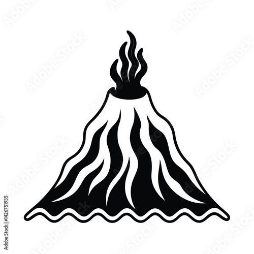 Erupting volcano silhouette illustration with lava flowing down black and white graphics design
