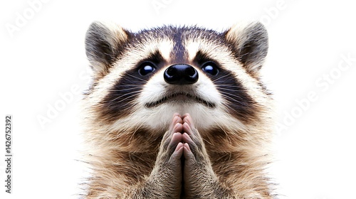 Adorable raccoon with paws pressed together in a pleading gesture against a white background