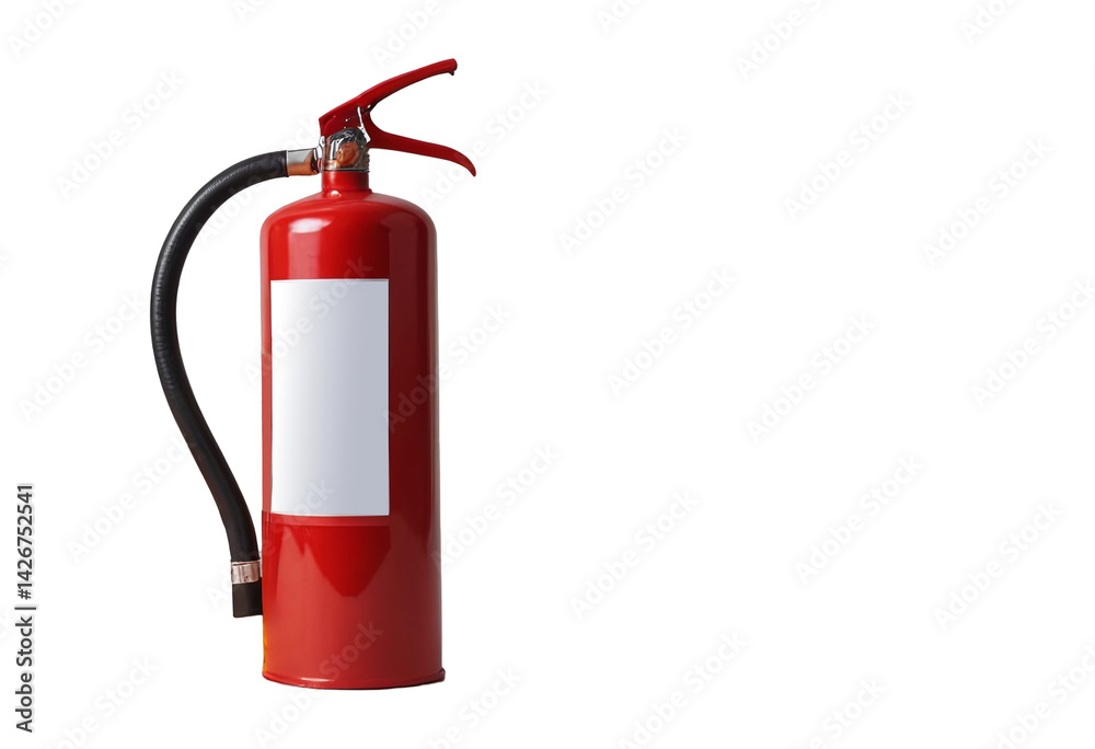 Fototapeta premium Red fire extinguisher with visible label and nozzle, isolated against a white background. Important safety equipment for emergency use and fire prevention.