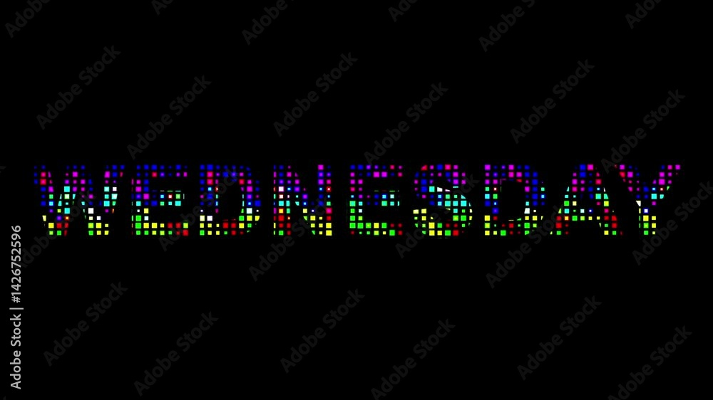 Wednesday text with colorful pixel particles on plain black background