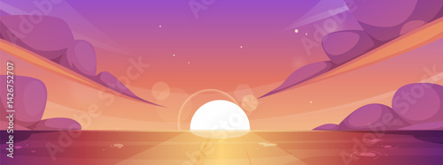 Sunset horizon landscape vector illustration Anime style, sky with clouds and sunshine, nature background tranquil ocean