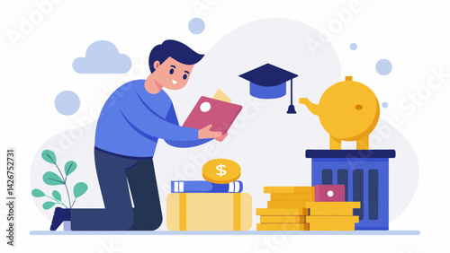 A person opens their first investment account but is forced to choose to put in a smaller amount than they wanted due to the burden of student debt. Vector illustration
