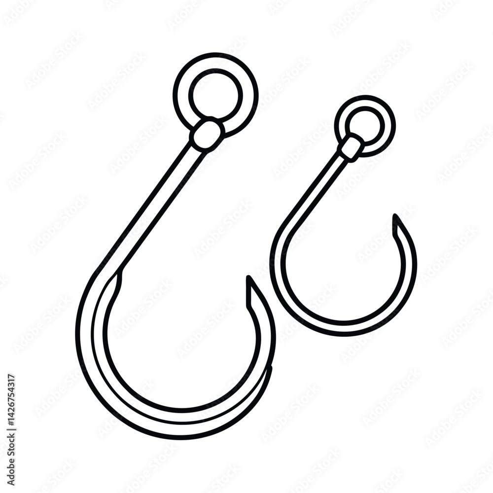 Fishing hooks line art illustration isolated on white background simple black and white design Fishing hooks line art illustration isolated on white background simple black and white design