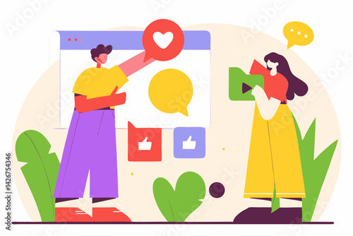 Social media engagement with positive feedback and online interaction illustrated in a flat design