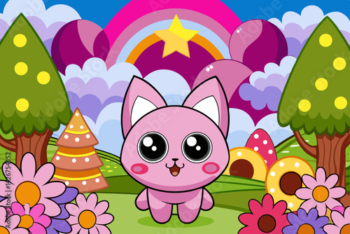 Cute pink cat cartoon character in a colorful fantasy landscape scene vector illustration