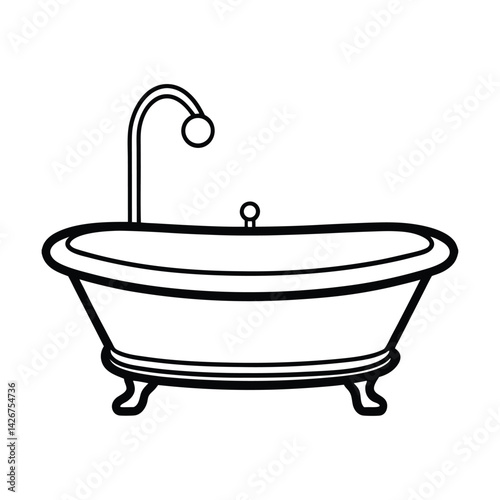 Vintage bathtub outline illustration clawfoot tub with shower faucet line art