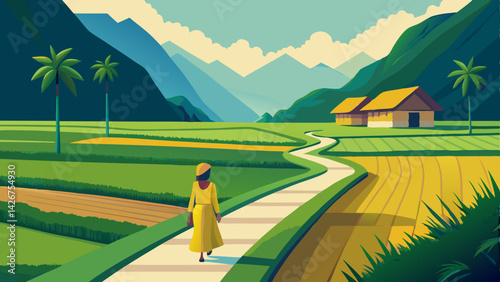 Serene Rural Landscape with Lush Rice Paddies, Woman Walking, Volcano Backdrop - Tranquil Scenic View