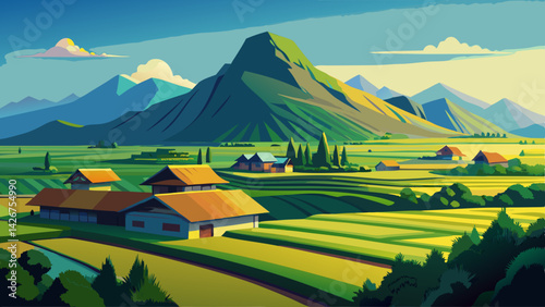 Serene Rural Landscape with Volcanic Mountain, Rice Paddies, and Traditional Village Scene